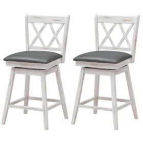 Set of 2 White Wood 24-in Counter Height Farmhouse Swivel Cushion Seat Barstools