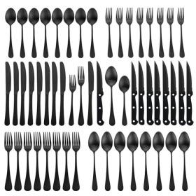 48 Pieces Matte Black Silverware Set with Steak Knives, YFBXG Stainless Steel Flatware Cutlery Set for 4, Hand Wash Recommended (Black1)