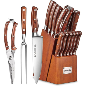 Knife Block Set, D.Perlla 16 Pieces German Stainless Steel Professional Kitchen Knife Set with Carving Fork