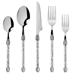 SHYFOY Silverware Set Cutlery Stainless Crushed Diamond Home Decor 5 PCS , Silver, 1 Set