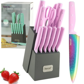 Hecef 14-Piece Kitchen Knife Set with Wooden Block Sharpening Steel, Titanium Coating Rainbow Slicing Chef Knives