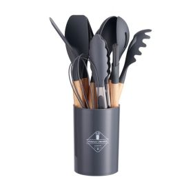 11pcs Wooden Handle Silicone Kitchen Utensils Set Storage Bucket Non-stick Shovel Spoon Cooking Kitchen Utensils 11 Pieces Set Silicone Shovel Spoon (Color: Gray)