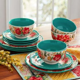 Vintage Floral 12-Piece Dinnerware Set (Color: teal)