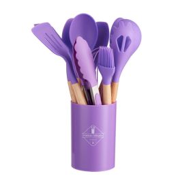 11pcs Wooden Handle Silicone Kitchen Utensils Set Storage Bucket Non-stick Shovel Spoon Cooking Kitchen Utensils 11 Pieces Set Silicone Shovel Spoon (Color: Purple)